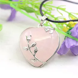 Pendant Necklaces 32mm Heart Shape Flowers Pink Crystal Jades Natural Stone Beads Alloy Extendable Clasp Women Girls Black Rope Chain DIY