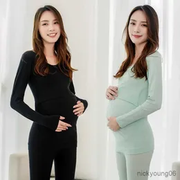 Moderskap intimat gravida bomullskläder kostymer lång ärm justerbara elastiska byxor termiska underkläder andningsbara mjuka pyjamasuppsättningar