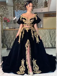 Black Velvet Kaftan Evening Dresses Lantern Short Sleeves Gold Lace Appliques Crystal Beaded slit two pieces prom gown