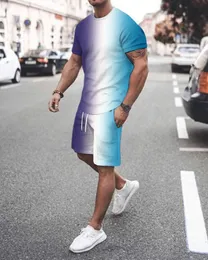 Tracksuits Summer Gradual Colorful Printing Men's 2-Piece Sweatshirt Short Sleeve Street Fashion T-shirt Set P230605
