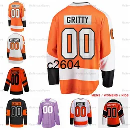 C2604 Настройка Mens Womens Kids 00 Gritty хоккейные майки черная апельсиновая рубашка.