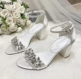 Crystals Women Wedding Shoes White Chuncky Heel Open Toe Simple Elegant Satin Summer Sandals For Ladies Bridal Shoes CL02682506863