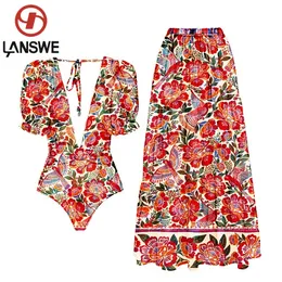 Swim Wear Lanswe2023 Fashion Women Cover Swimsuit Retro Print Deep V Gorgeous Red And Suit With Swimwear Summer Beach 230605
