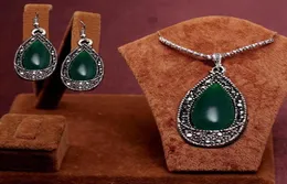 2PCS 2014 New Arrival Trendy antique silver green water drop beads Design Necklace Earrings Jewelry Set women5116849