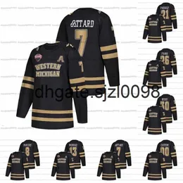 SJSJ98 Custom West Michigan Broncos Black NCAA College Hockey NCHC Jersey 7 Ronnie Attard 26 Ethen Frank 8 Jamal Mayers 13 Drew Worrad 21 Josh