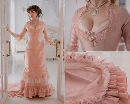 Blush pink Silk Victorian prom party Dresses Victorian Costume ball gown bustle long sleeve lace-up corset evening gown