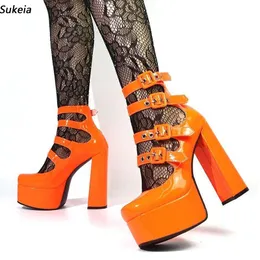 SUKEIA HANDMADE Women Pumps Patent Leather Buckle Round Toe Hof Heel Pretty Orange Party Shoes Ladies Us Plus Size 5-15
