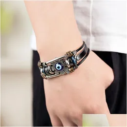 Charm Bracelets Punk Turkish Evil Eye Stainless Steel Bend Mtilayer Leather Bracelet Man Woman Flower Jewelry Bangle Bijouterie Drop Dhvg5