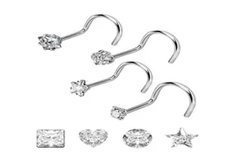 4pcslot 4 Shapes Rhinestone Nose Ring 20G Surgical Steel ed Nose Studs Screw Ring Body Piercing Crystal Nostril Jewelry3058071