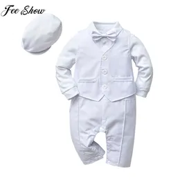 Clothing Sets Baby Boys White Christening Rompers Set Long Sleeve Bowtie Gentlemen Suit Wedding Birthday Baptism Party Popgraphy Clothes 230605