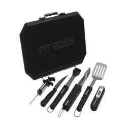 Pit Boss sześcioczęściowy zestaw narzędzi do grilla z obudową - szpatułkę, termometr, nóż, wtryskiwacz, szczotkę i szczypce