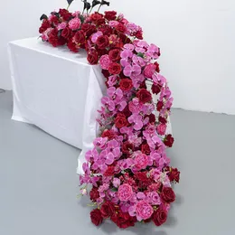装飾花豪華な赤い紫色の結婚式のテーブル装飾花runnerローズオーキッド人工花の列イベントパーティーバックドロプロップ窓