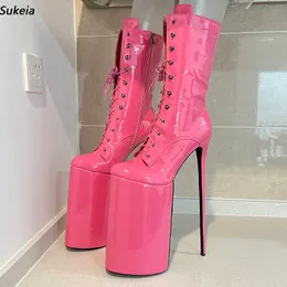 Sukeia Handmade Women Winter Mid Calf Boots Round Toe Side Zipper Stiletto Heels Pink Night Club Shoes Ladies US Plus Size 5-20