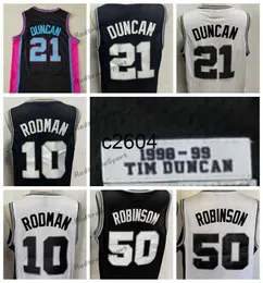 c2604 Mens Vintage 1998-1999 Tim 21 DuncanS Basketball Jerseys David 50 Robinson Dennis 10 Rodman Black Stitched Shirts S-XXL