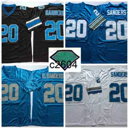 C2604 Mens Vintage #20 Barry Sanders Football Jerseys Black White Blue Retro Stitched Jersey 1994 75th Patch M-xxxl