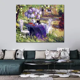 Handcrafted Canvas Art for Living Room Decor Lilac Tea Party Modern Painting Realistic Landscape Beautiful