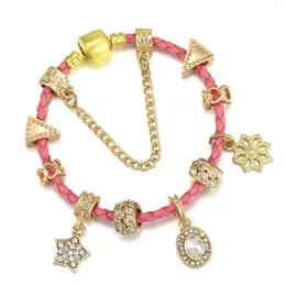 Charm Bracelets Gold-plated Buckle Head Pink Series Leather Rope DIY Gold Crystal Pendant Sparkling Boy Girl Bracelet Gift Straight Hair