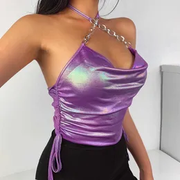 Tanks Camis 2021 Nuove donne Sexy Club PU Leather Purple Tube Stretto petto senza maniche Crop Canotta P230605