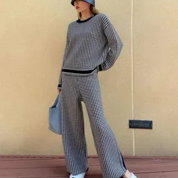 Women's Two Piece Pants Luxury Designer 2 Set Women Tracksuit Autumn Houndstooth Knitted Pullover Sweater Pant Suits Casual Sweat Suit