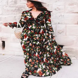 Women Tiered Pleat Ruffle Elegant Floral Printing Bohemian Boho Long Sleeve Maxi Dress Ladies