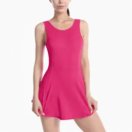 Fiess Damen-Tenniskleid Lu Yoga-Outfit Übung Brustpolster Innenshorts Kleider mit Tasche Golf Fitnessstudio Slip Fiess