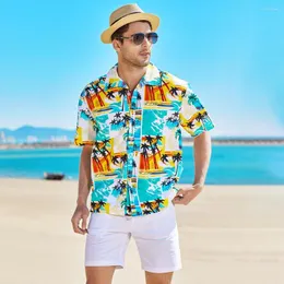 Men's Casual Shirts LUCLESAM Men's Hawaiian Style Floral Shirt Lapel Short-sleeved 2023 Summer Trend Handsome Male Beach All-match