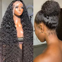 180density Curly Human Hair Black Color 360 Glueless Full Front Wig 36 인치 13x4 HD 레이스 정면 가발 여성 물파 투명 합성 사전 플러크