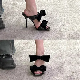 Slippers Open Square Toe Bow Hollow Feminine Black Velvet Material Stiletto High Heel Sandals Women Casual Outdoor Wear Shoes