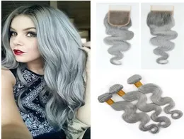 New Fashion Grey Silver Brazilian Virgin Hair Weave 3 Bundles With Lace Closure Body Wave Human Hair Extension With Lace Closure G9038242