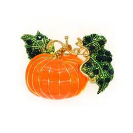 50pcs/ 55mm Halloween Pumpkin Brooch Pin Gold Tone Rhinestone Orange Enamel Brooches Crystal Holiday Lapel Pin