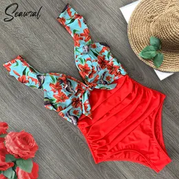 OnePiece Suits Sexy Ruffle Swimsuit Off The Shoulder Swimwear Women DeepV Bathing Beach Wear Swim Suit 230605