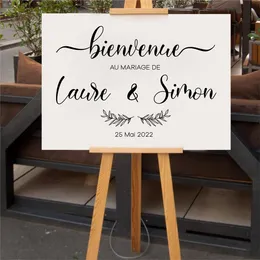 Adesivo de placa de casamento estilo francês Nomes personalizados Data Vinil Decalque Sinal de boas-vindas de casamento Espelho Vinil Mural Decoração de casamento romântico