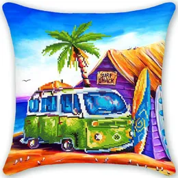 Stitch partiell rund borr Diy Diamond Målning Landskap Sea House Cushion Cover Callow Case Decor Room Ship Art Mosaic Cross Stitch