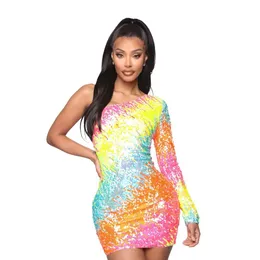 Dress Nightclub Style Women Dress Offtheshoulder Long Sleeve Rainbow Striped Printing Sequins Bodycon Mini Dresses Party Real Photos