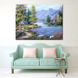 Contemporary Village Canvas Wall Art Lakeside Lodge Hand Painted Oil Painting Impressionist Landscape for Kitchen Decor