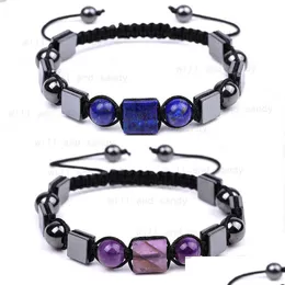 Bracciale con perline in pietra naturale quadrata con perline Stringa regolabile per braccialetti con ametista intrecciata in lapislazzuli Bracciale per uomo Donna Fas Dhdwe