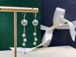 Dangle Earrings D609 Pearl Fine Jewelry Solid 18K Gold Round 3-4mm/8mm Nature Sea Water Silver Gray And White Pearls Drop