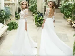 الأنيقة 3/4 الأكمام الطويلة A-Line Buhemian Wedding Dress Cheeao White Lace Plus Size Coutgle Beach Boho Bridal Down