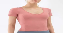 A053 V-Neck Yoga Tops Short Sleeve 여성 티셔츠 여성 슬림 피트니스웨어 러닝 요가 슈트 단색 통기성 체육관 옷 티 셔츠 1013122