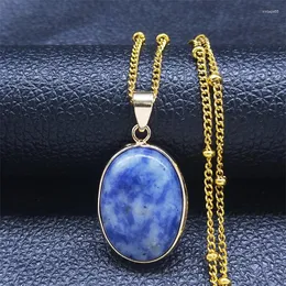 Pendant Necklaces Stainless Steel Blue Natural Stone Charm Necklace Women Gold Color Small Oval Jewelry Collar Acero N67S04