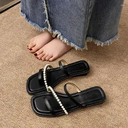 Terlik bcebyl bayanlar inci terlik sandalet yaz moda plaj açık ayak parmağı gündelik daireler pantoufles femmes