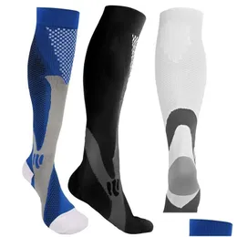 الجوارب للرجال ضغط الركبة عالية في الهواء الطلق الرياضة تشغيل جوارب ماراثون التمريض للنساء الرجال الأبيض الأزرق قطرة التسليم appa dh05w
