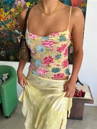 Regata feminina Wsevypo retrô com estampa de flores e alças espaguete Camisola feminina de verão sem mangas Colete tops Fairy Vintage Backless Sling Crop