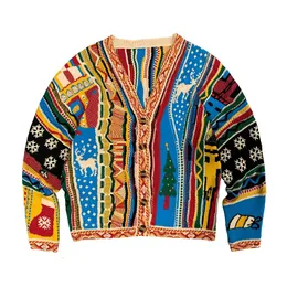 Erkek Sweaters 2023 Bahar Renkli Retro Etnik Stil Kazak Erkekler için Knited Sweater Hırka Moda Renkleri Erkekler Vneck Coat 230606