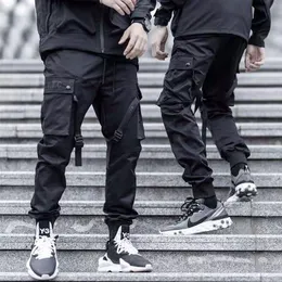 Calças moda novo Hip Hop Pocket Men Harém Pants Black Streetwear SweatPant High Street Ribbon Joggers Haruku Style Cargo