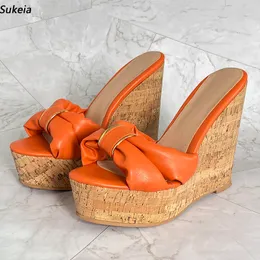 Sukeia Women Platform Mules Sandals Wedges Heels Slip On Round Toe Belas Orange Party Sapates Ladies Us Plus Tamanho 5-20