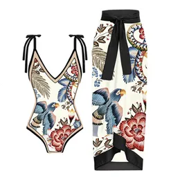 TwoPiece Suits Fashion Vintage Color Block Floral Print Deep V Laceup Womens Beach Sexy Onepiece Bikini Swimsuit Covered Skirt 230605
