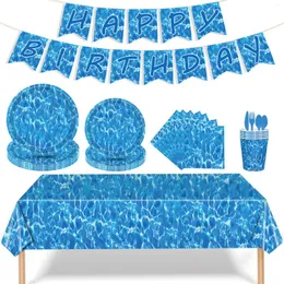 Table Cloth Ocean Wave Plastic Dining Plate Paper Napkins Cup Watermark Layout Party Supplies