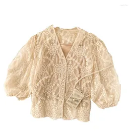 Women's Knits Korean Fashion Ladies Crop Top Blouse 2023summer Chic V Neck Lace Embroidery Cardigan Retro Court Japanese