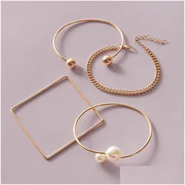 Charm Bracelets 4 Pcs/Set Round Square Pearl Set Mtilayer Adjustable Open Bracelet For Women Bangles Femme Jewelry Drop Delivery Dh9X8